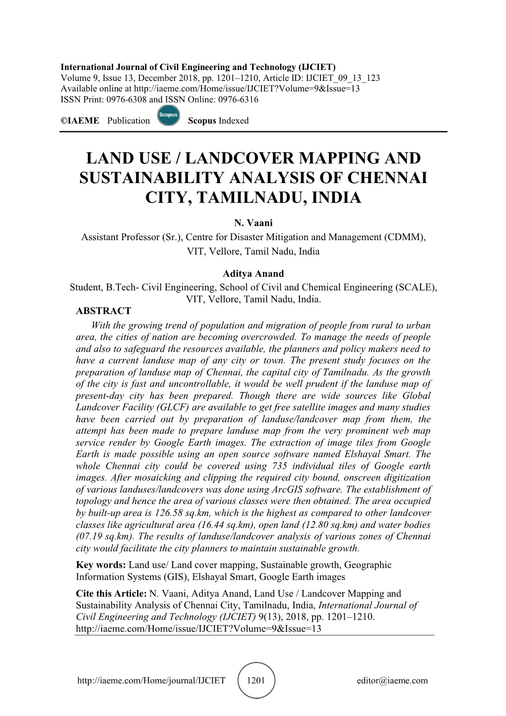 Land Use / Landcover Mapping and Sustainability Analysis of Chennai City, Tamilnadu, India