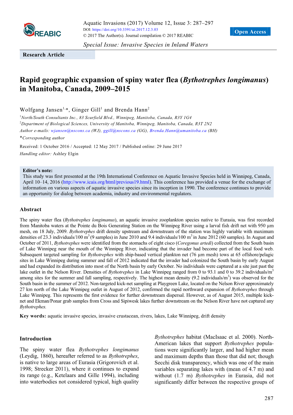 Rapid Geographic Expansion of Spiny Water Flea (Bythotrephes Longimanus) in Manitoba, Canada, 2009–2015