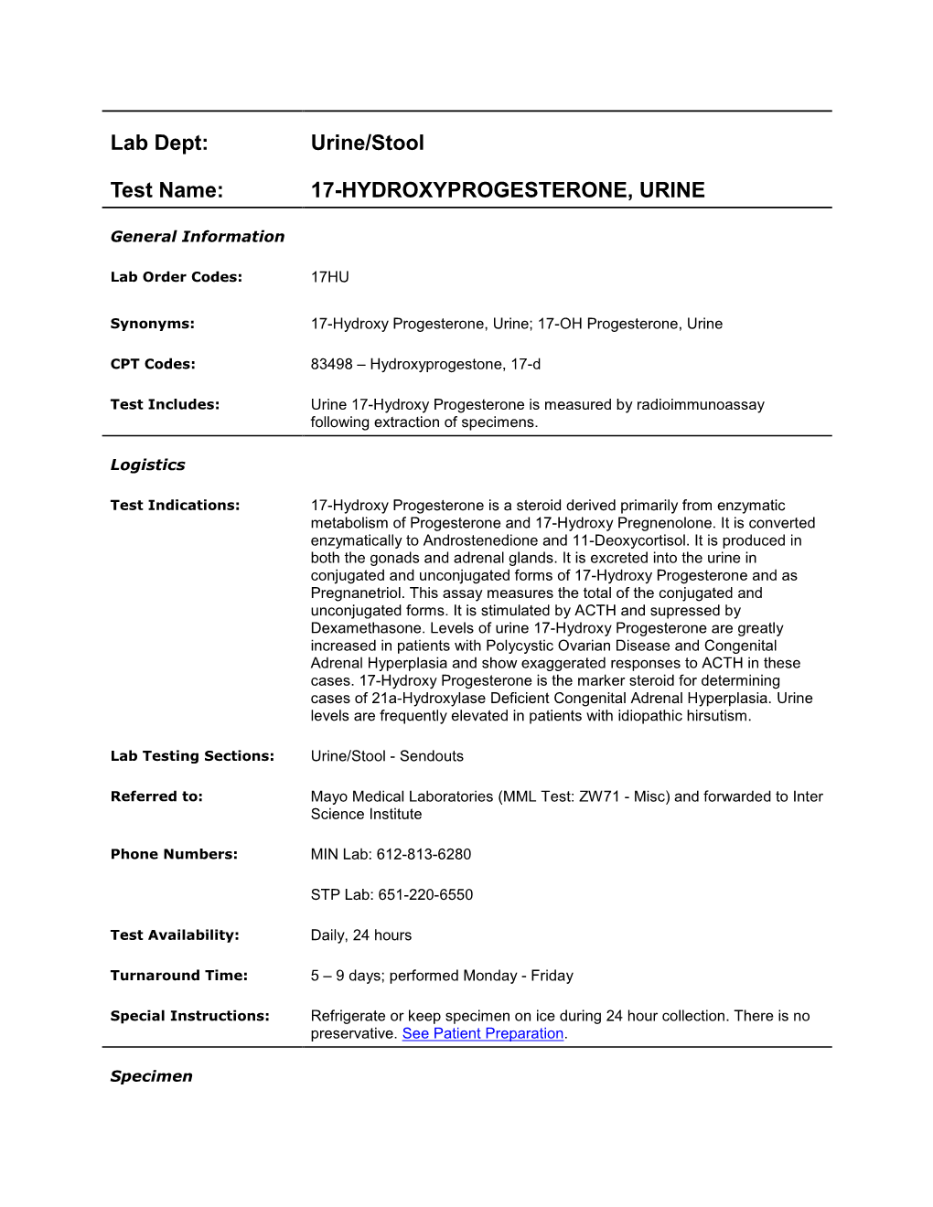 17-Hydroxyprogesterone, Urine