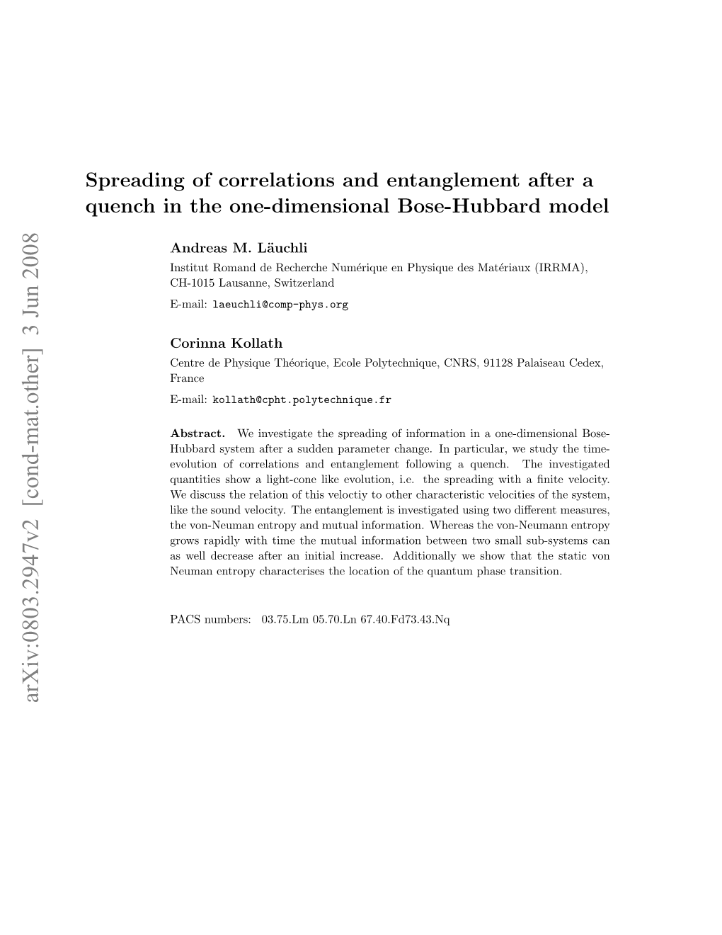 Arxiv:0803.2947V2 [Cond-Mat.Other] 3 Jun 2008 Correlations and Entanglement After a Quench in the Bose-Hubbard Model 2