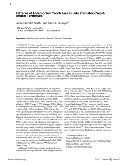 Patterns of Antemortem Tooth Loss in Late Prehistoric West- Central Tennessee