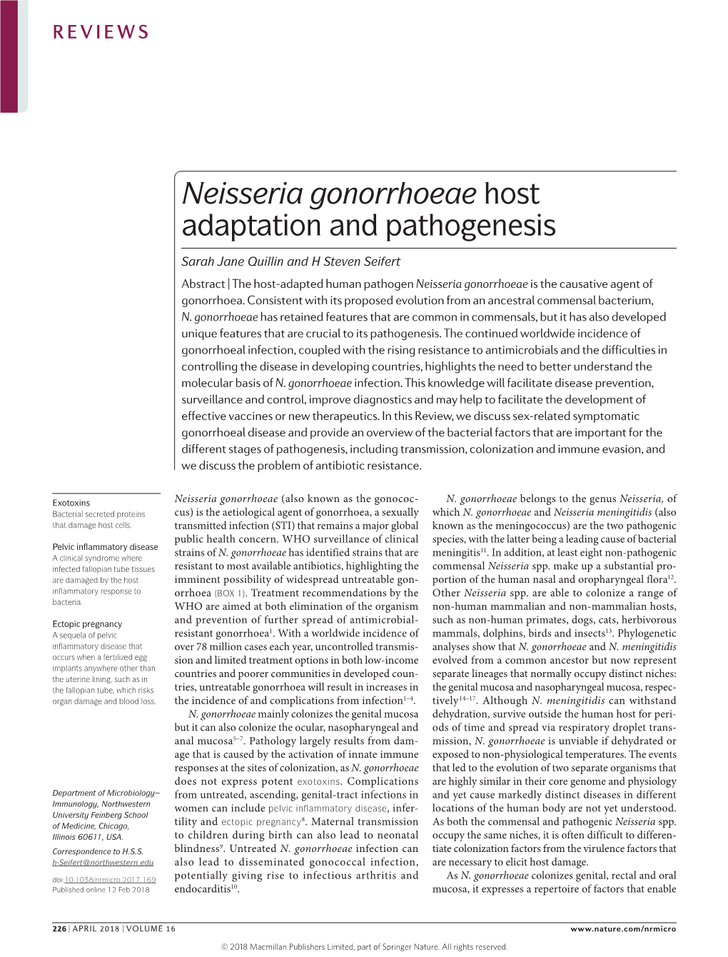 Neisseria Gonorrhoeae Host Adaptation and Pathogenesis