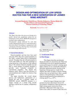 Design and Optimization of Low Speed Ducted Fan for a New Generation of Joined Wing Aircraft