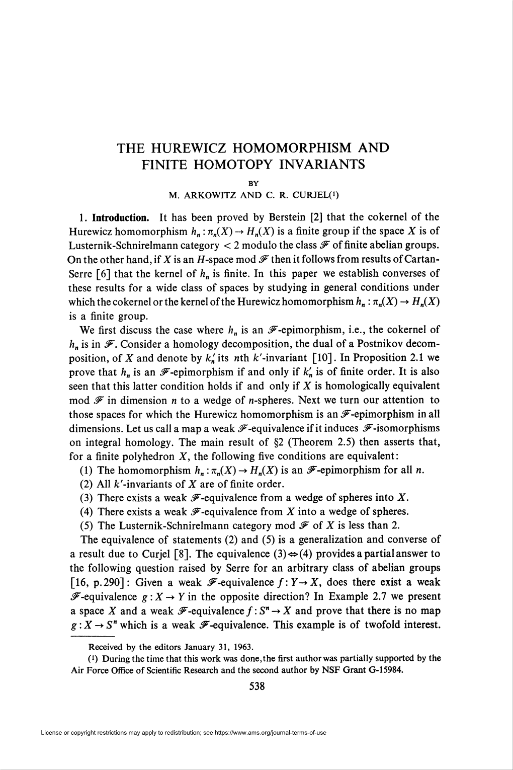 The Hurewicz Homomorphism and Finite Homotopy Invariants by M