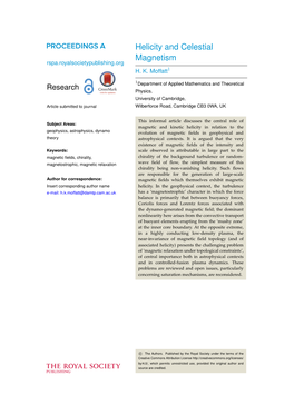 Helicity and Celestial Magnetism Rspa.Royalsocietypublishing.Org H