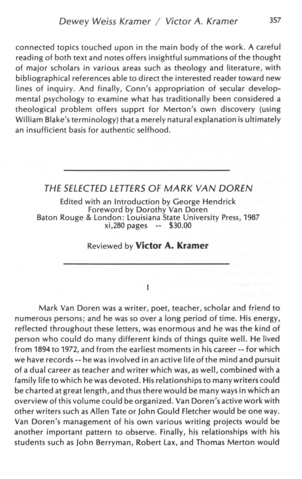 The Selected Letters of Mark Van Doren