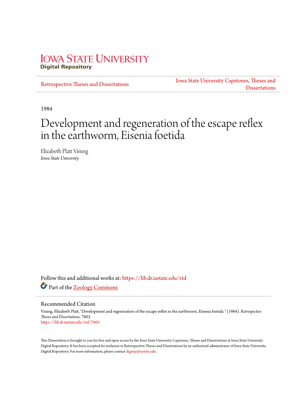 Development and Regeneration of the Escape Reflex in the Earthworm, Eisenia Foetida Elizabeth Platt Ininv G Iowa State University