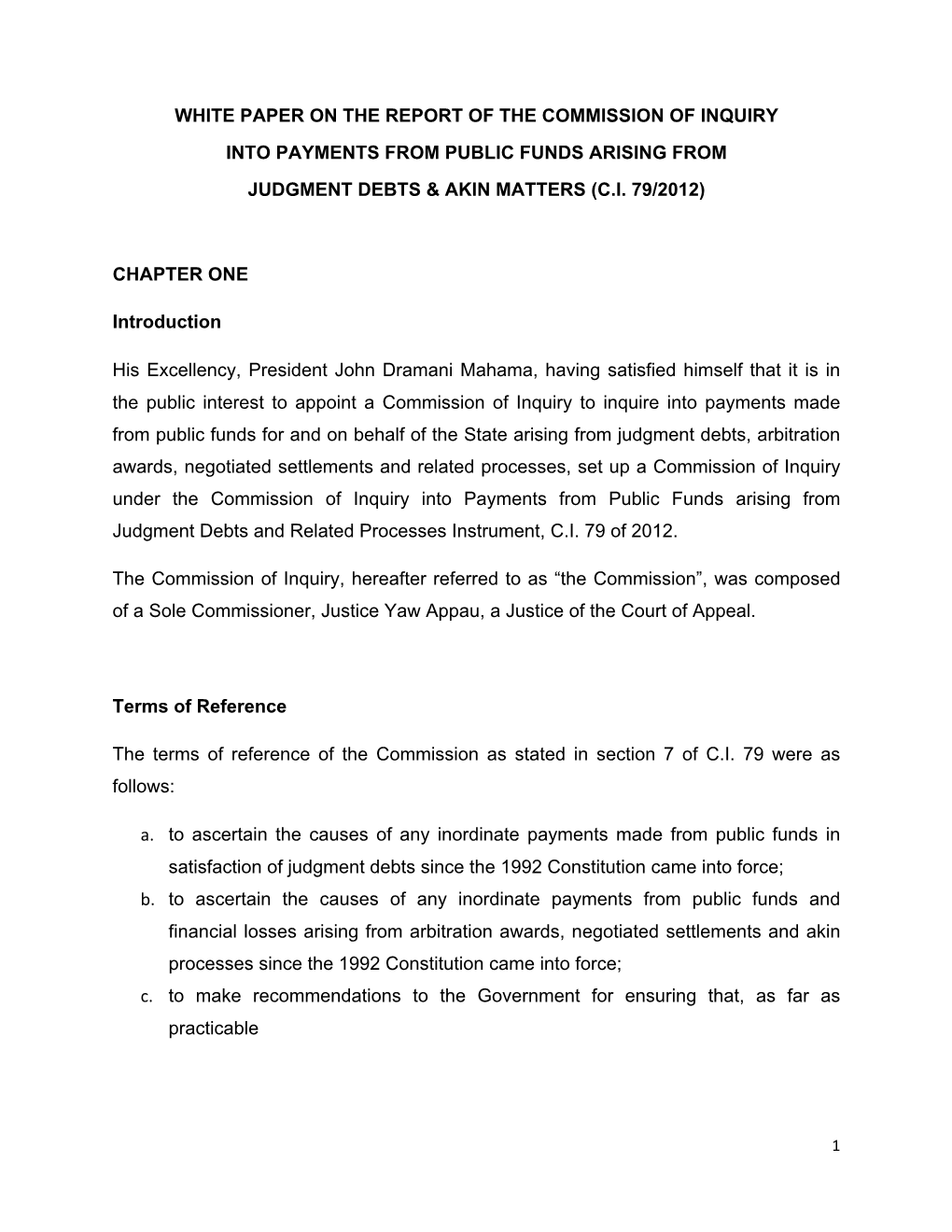 White Paper on the Report of the Commission of Inquiry Into Payments from Public Funds Arising from Judgment Debts & Akin Matters (C.I