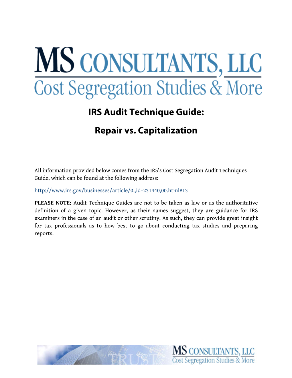 IRS Audit Technique Guide Repair Vs. Capitalization DocsLib