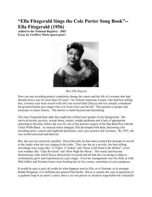 Ella Fitzgerald Sings the Cole Porter Song Book”-- Ella Fitzgerald (1956) Added to the National Registry: 2003 Essay by Geoffrey Mark (Guest Post)*