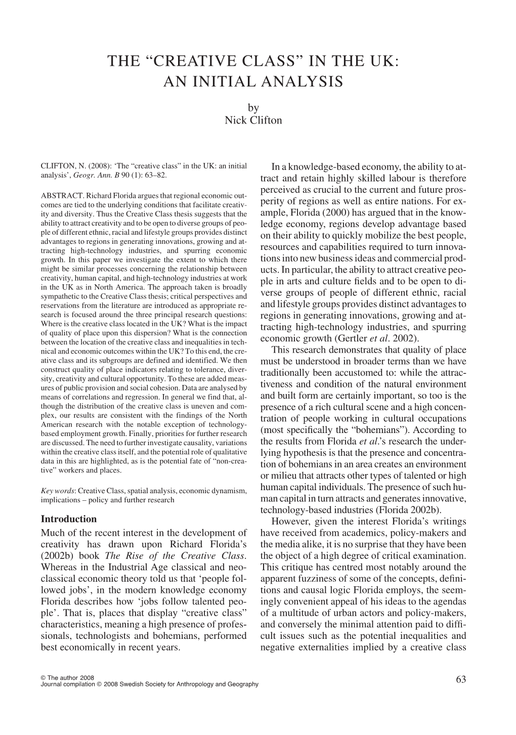 The “Creative Class” in the Uk: an Initial Analysis the “Creative Class” in the Uk: an Initial Analysis