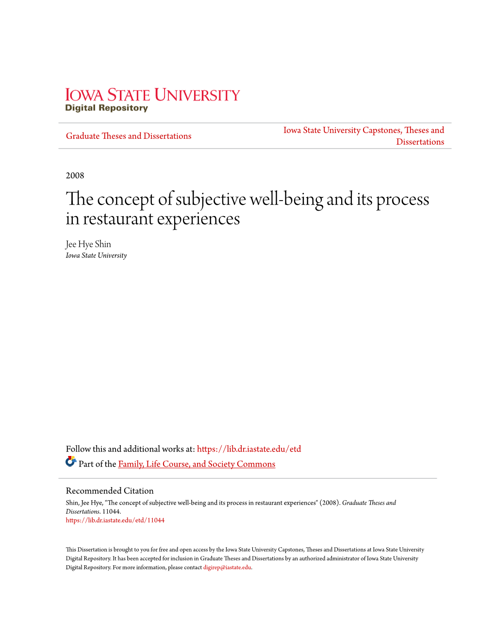The Concept of Subjective Well-Being and Its Process in Restaurant Experiences