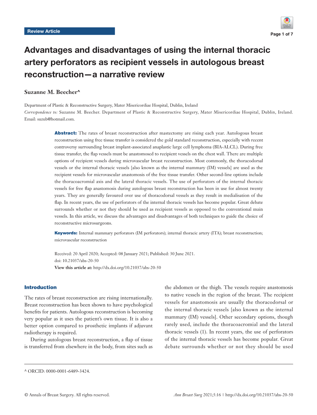 Advantages and Disadvantages of Using the Internal Thoracic Artery Perforators As Recipient Vessels in Autologous Breast Reconstruction—A Narrative Review