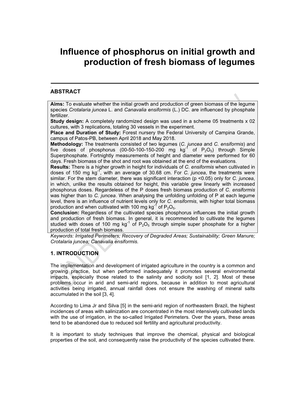 Influence of Phosphorus on Initial Growth and Production of Fresh Biomass of Legumes