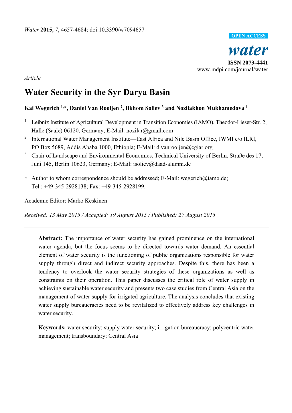 Water Security in the Syr Darya Basin