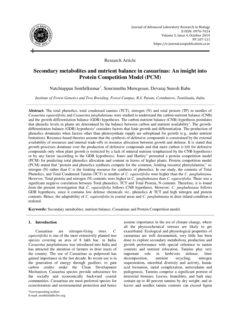 Secondary Metabolites and Nutrient Balance in Casuarinas: an Insight Into Protein Competition Model (PCM)