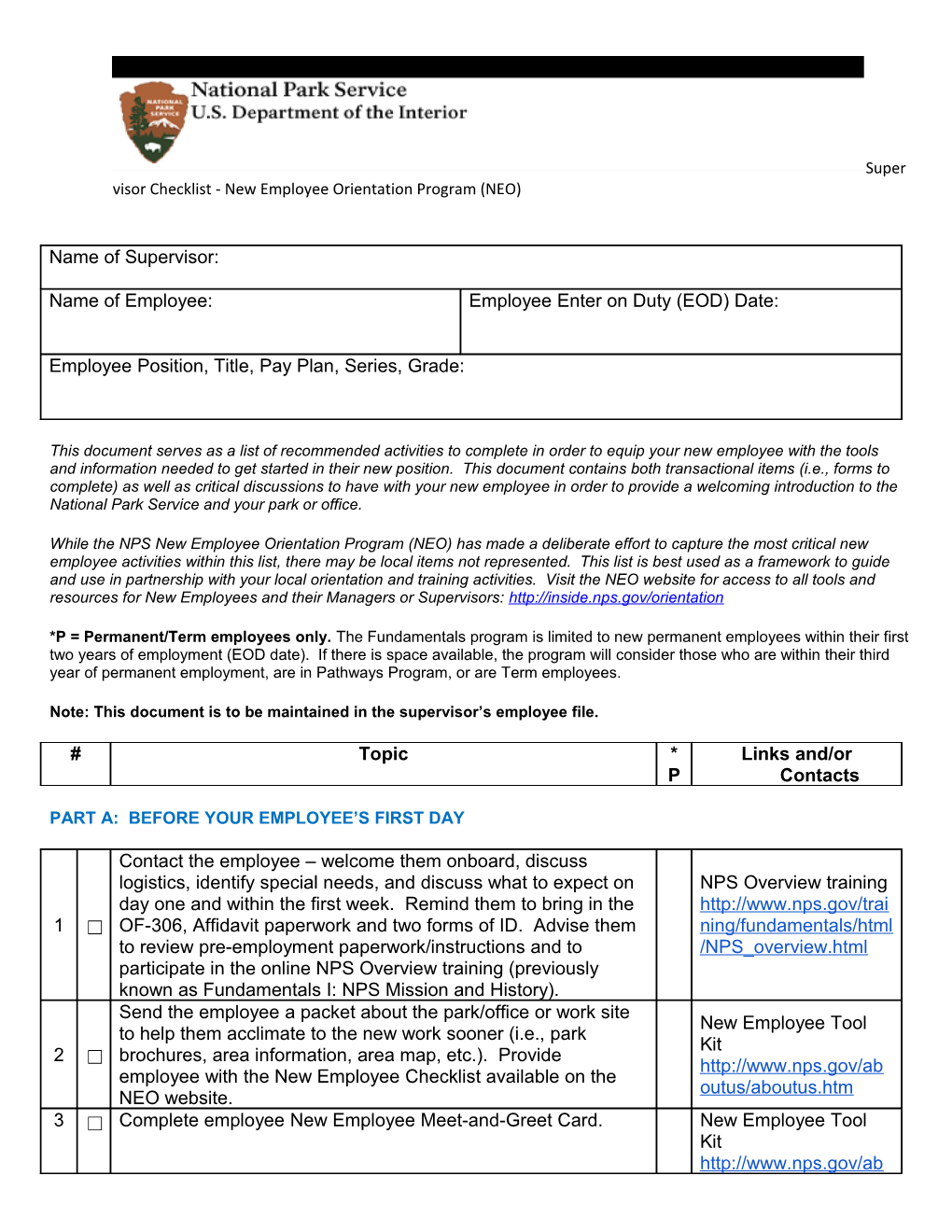 Supervisor Checklist - New Employee Orientation Program (NEO)