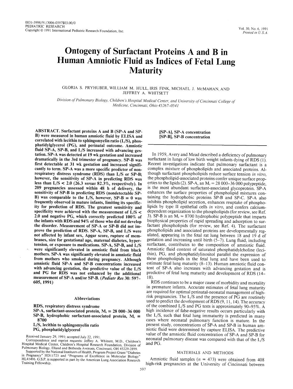 Ontogeny of Surfactant Proteins a and B in Human Amniotic Fluid As Indices of Fetal Lung Maturity