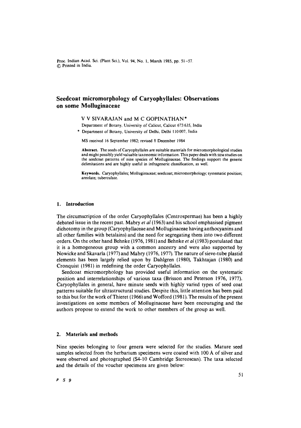 Seedcoat Micromorphology of Caryophyllales: Observations on Some Molluginaceae