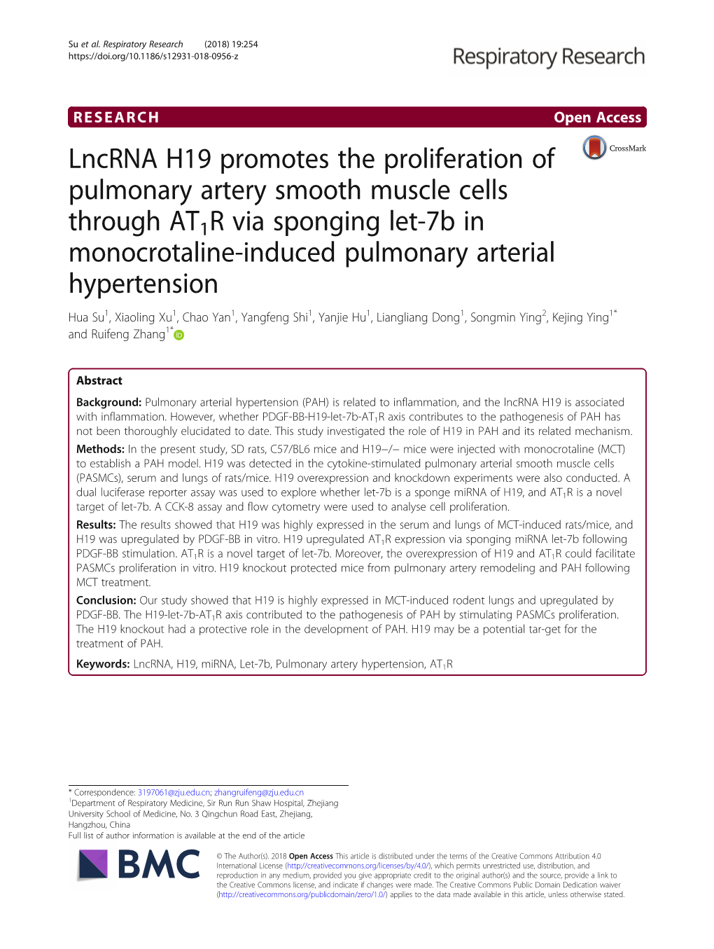 Lncrna H19 Promotes the Proliferation of Pulmonary Artery Smooth Muscle Cells Through AT1R Via Sponging Let-7B in Monocrotaline