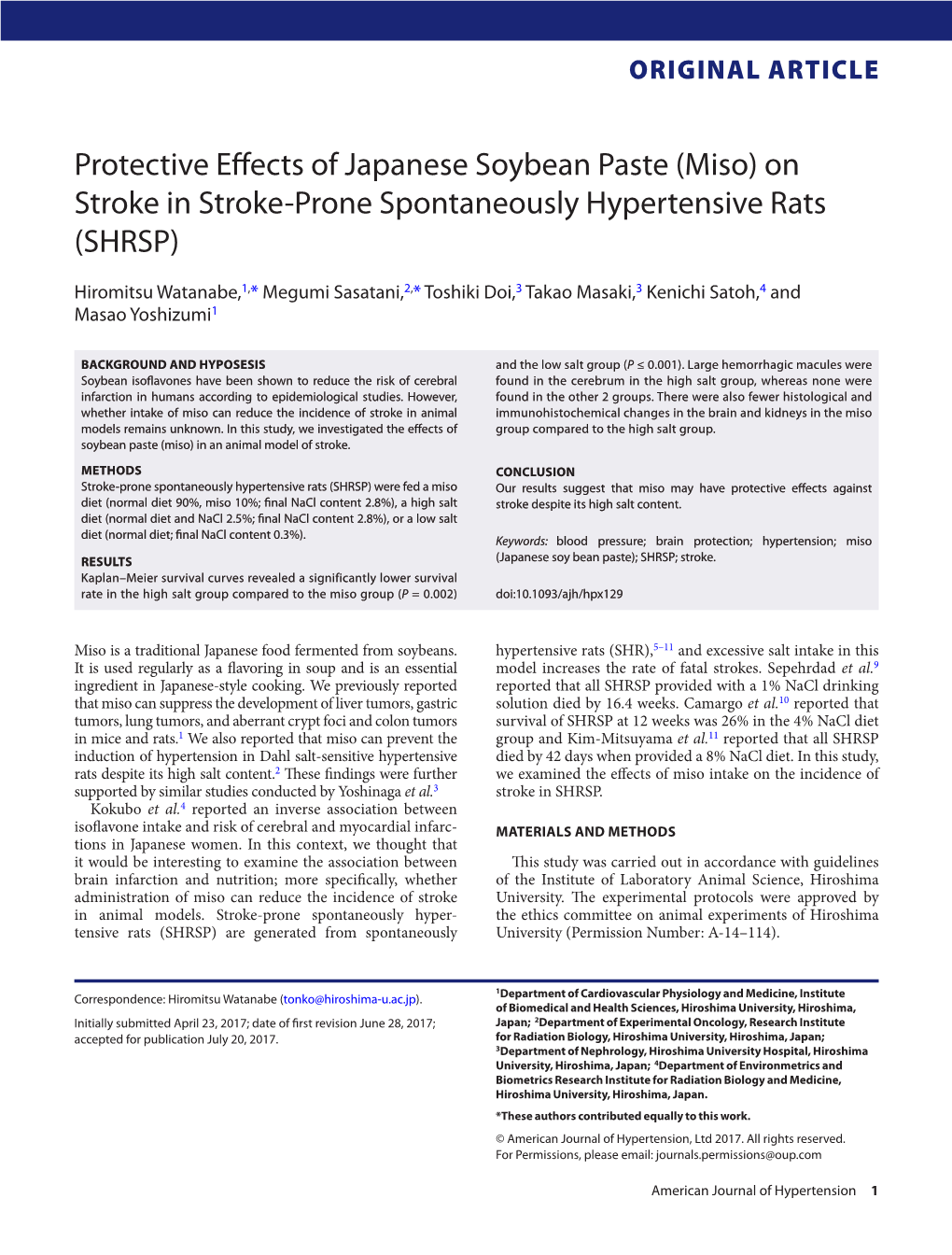 Protective Effects of Japanese Soybean Paste (Miso) on Stroke in Stroke-Prone Spontaneously Hypertensive Rats (SHRSP)