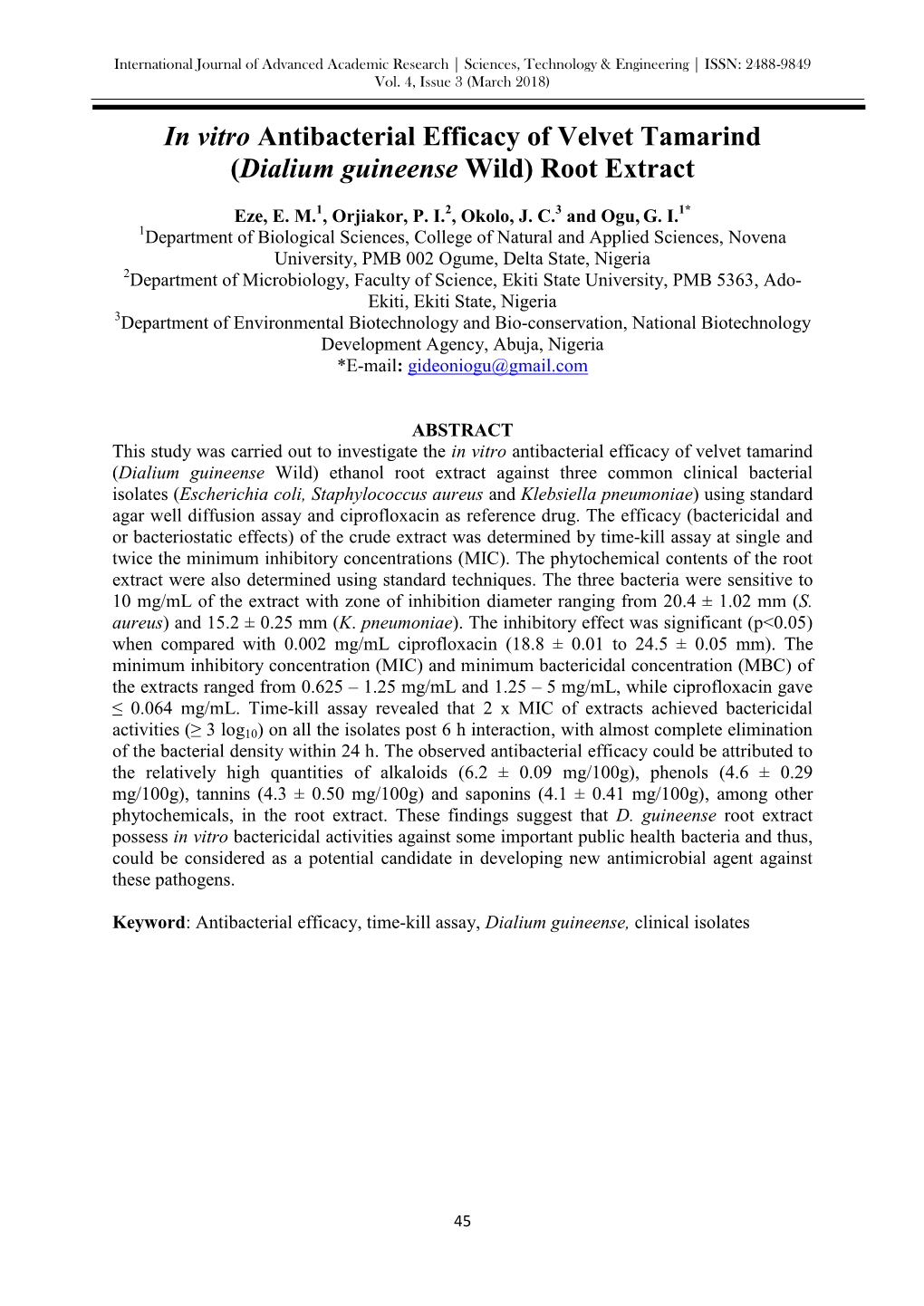 In Vitro Antibacterial Efficacy of Velvet Tamarind (Dialium Guineense Wild) Root Extract