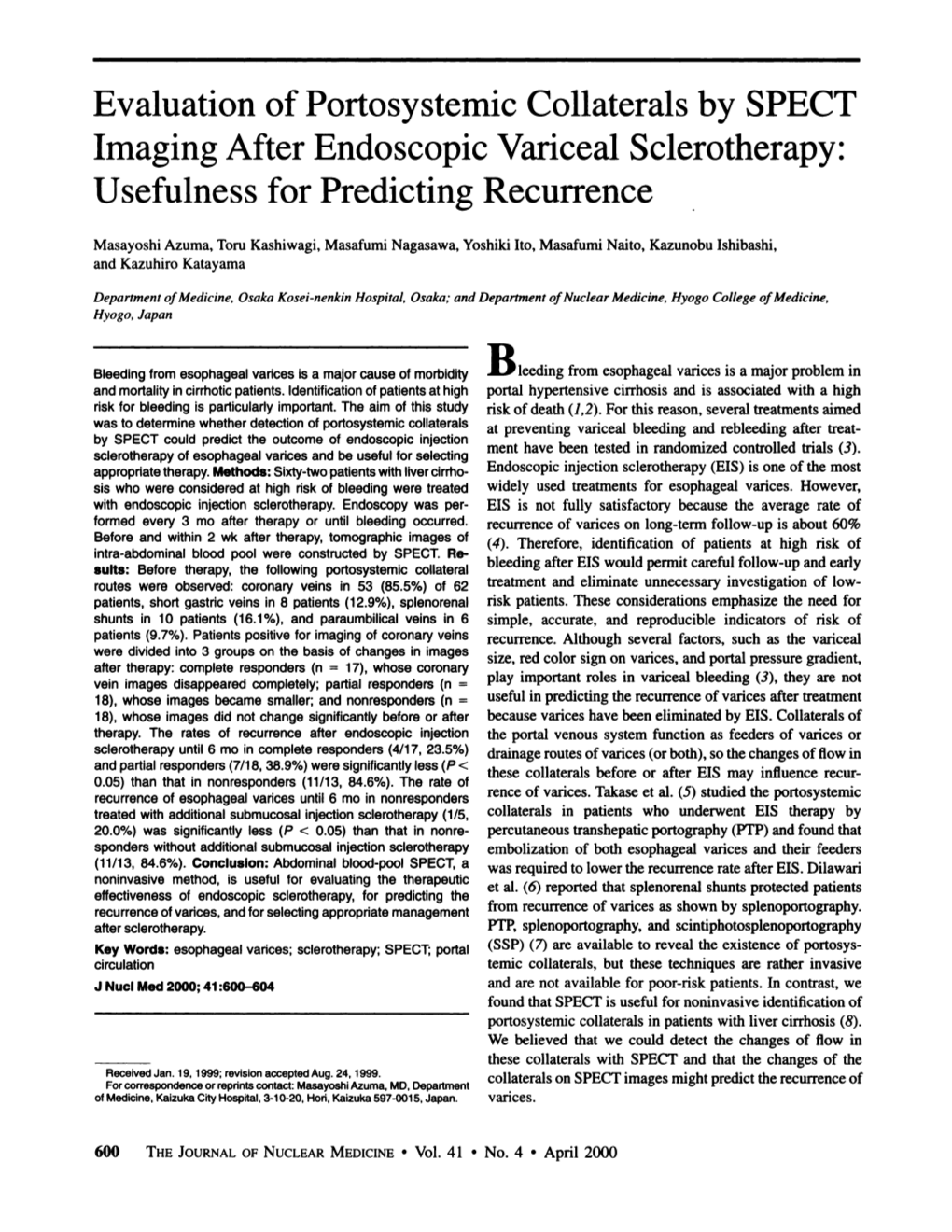 Evaluation of Portosystemic Collaterals by SPECT Imaging After Endoscopic Variceal Sclerotherapy: Usefulness for Predicting Recurrence