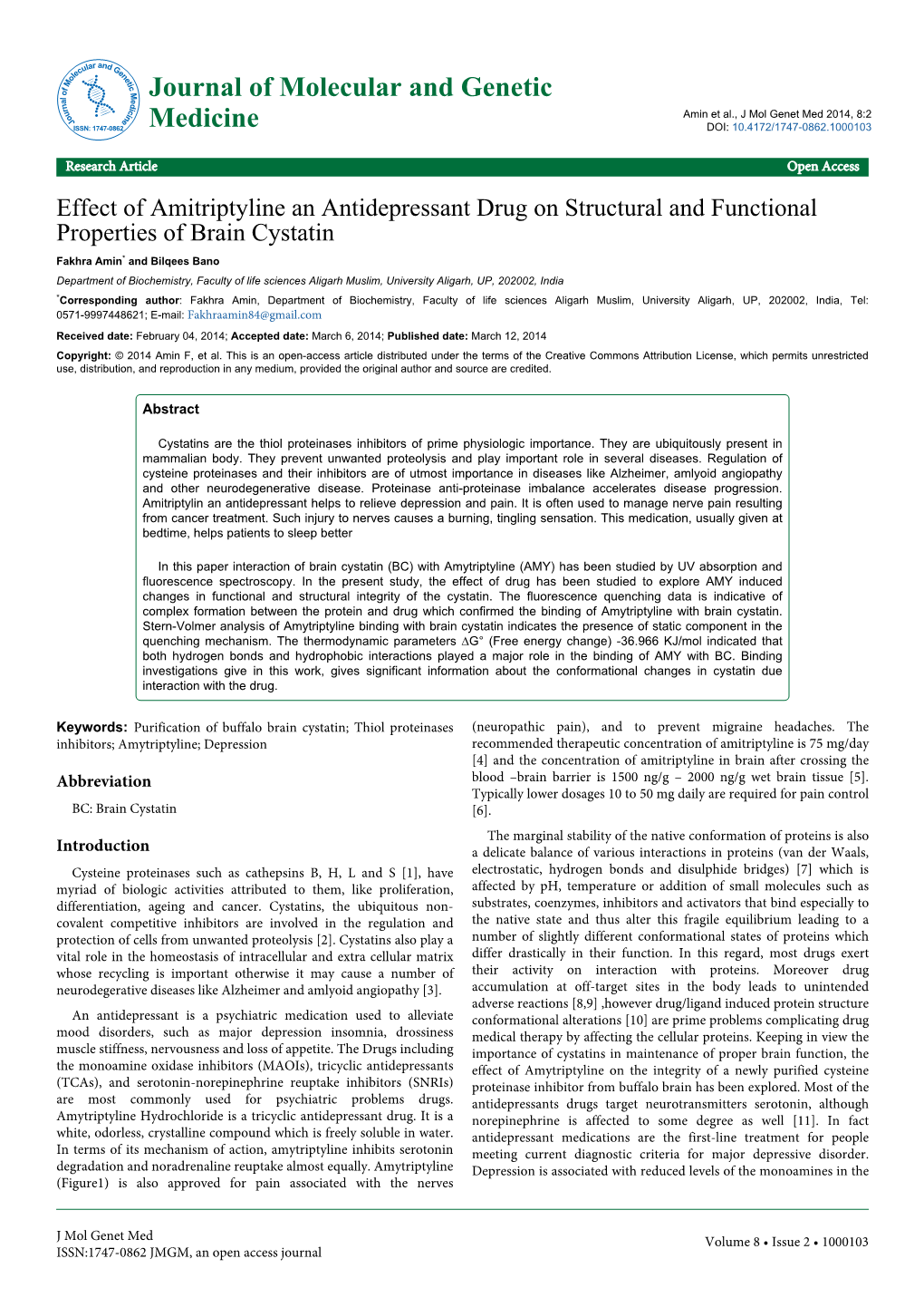 Effect of Amitriptyline an Antidepressant Drug on Structural and Functional Properties of Brain Cystatin