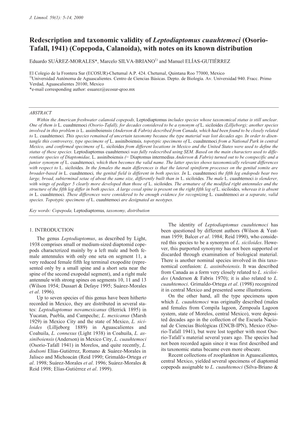 Redescription and Taxonomic Validity of Leptodiaptomus Cuauhtemoci (Osorio- Tafall, 1941) (Copepoda, Calanoida), with Notes on Its Known Distribution