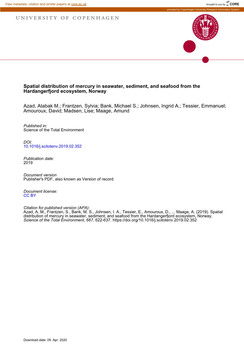 Spatial Distribution of Mercury in Seawater, Sediment, and Seafood from the Hardangerfjord Ecosystem, Norway