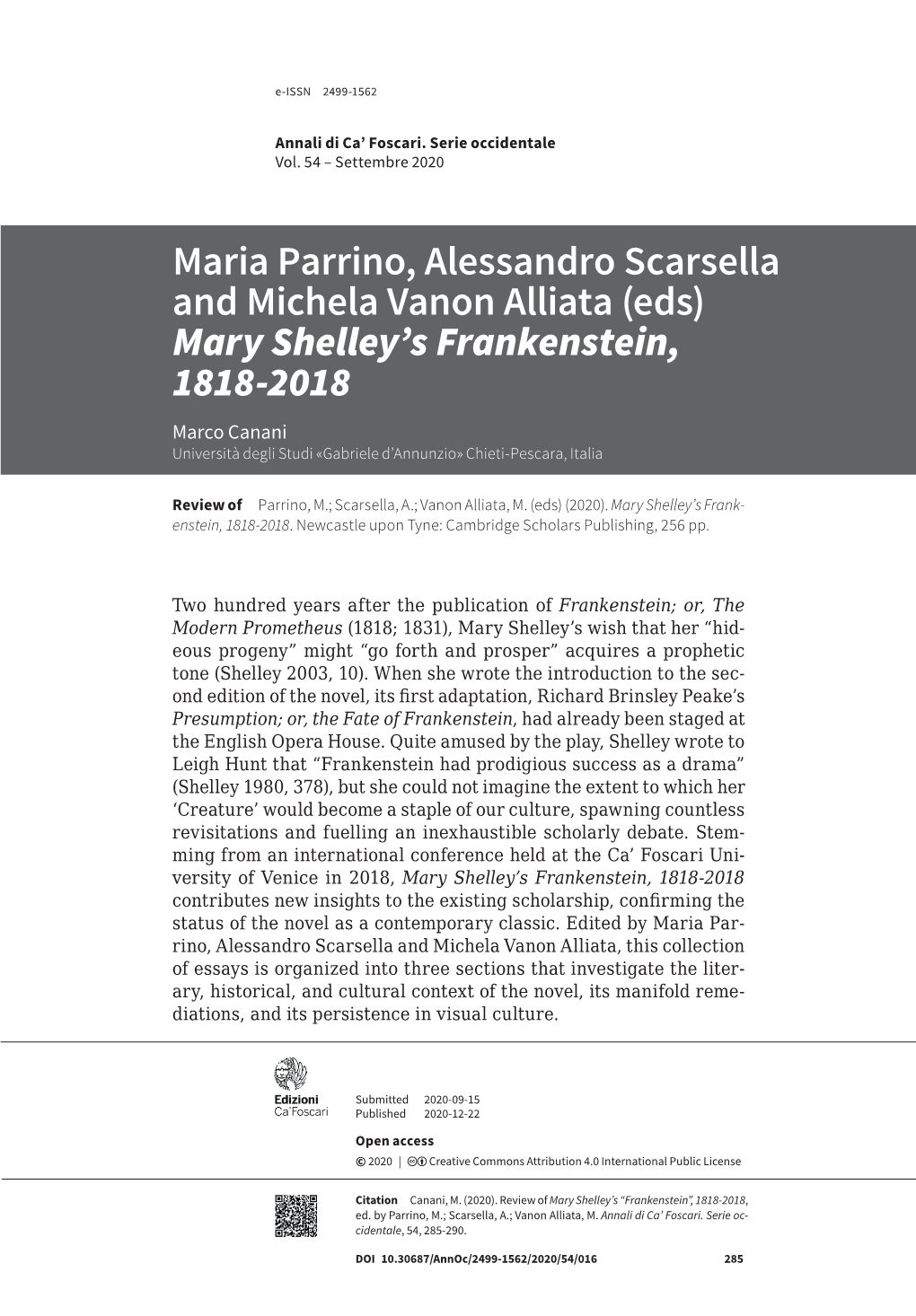 Maria Parrino, Alessandro Scarsella and Michela Vanon Alliata (Eds) Mary Shelley's Frankenstein, 1818-2018