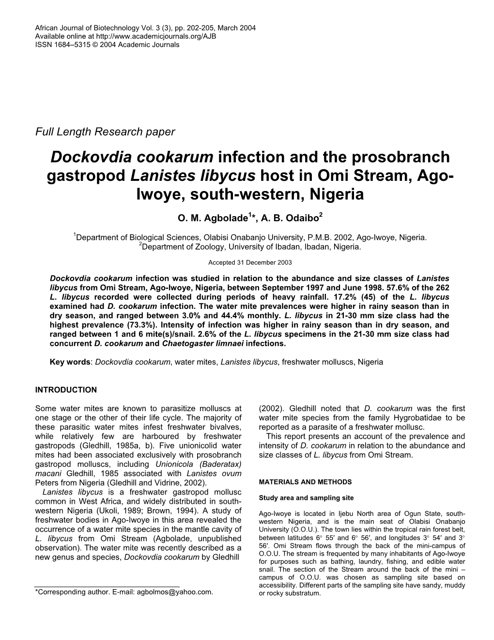 Dockovdia Cookarum Infection and the Prosobranch Gastropod Lanistes Libycus Host in Omi Stream, Ago- Iwoye, South-Western, Nigeria