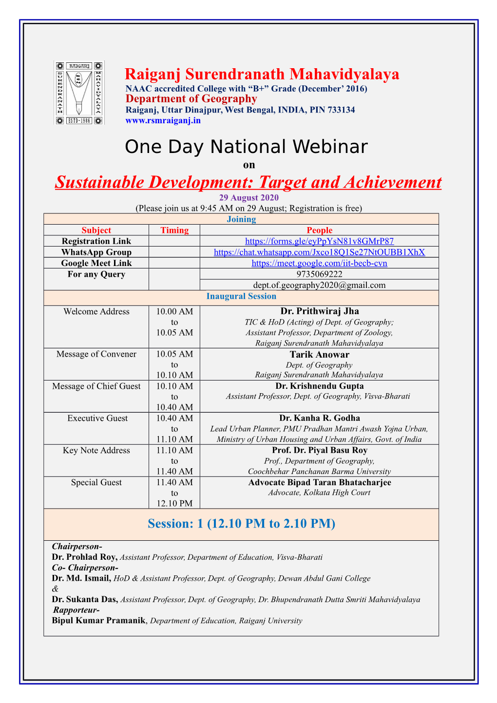 One Day National Webinar Sustainable Development