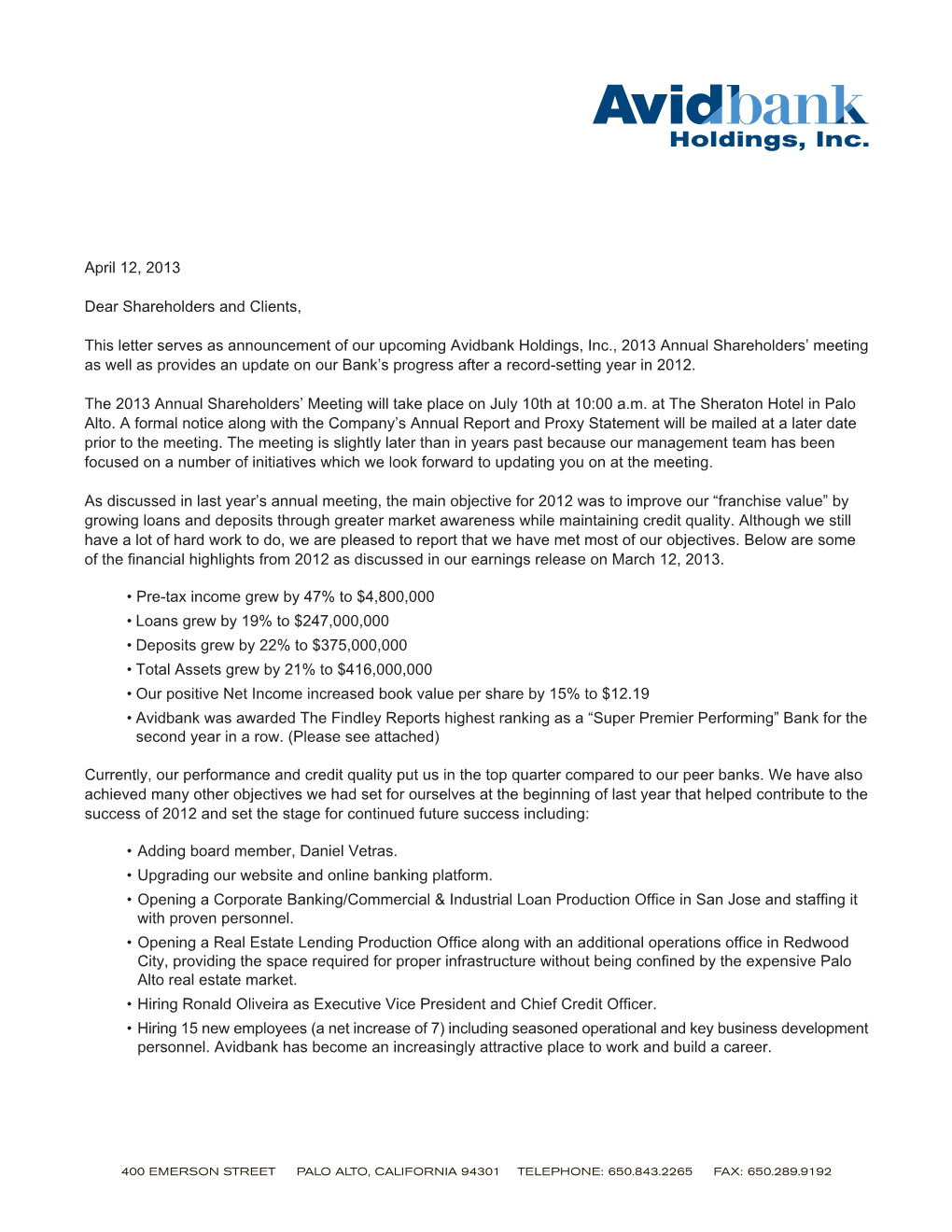 Shareholder & Client Letter for 2013 Annual Meeting