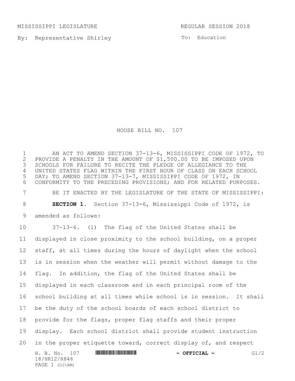 MISSISSIPPI LEGISLATURE REGULAR SESSION 2018 By