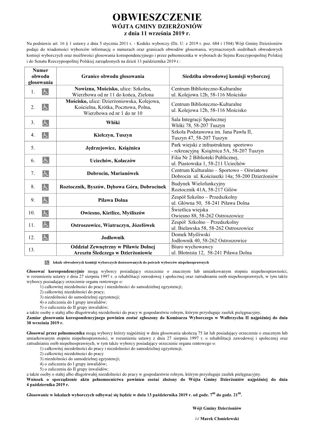 OBWIESZCZENIE WÓJTA GMINY DZIERŻONIÓW Z Dnia 11 Września 2019 R