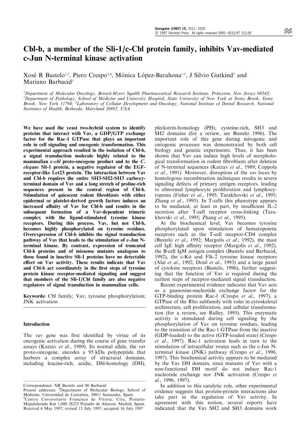 Cbl-B, a Member of the Sli-1/C-Cbl Protein Family, Inhibits Vav-Mediated C-Jun N-Terminal Kinase Activation