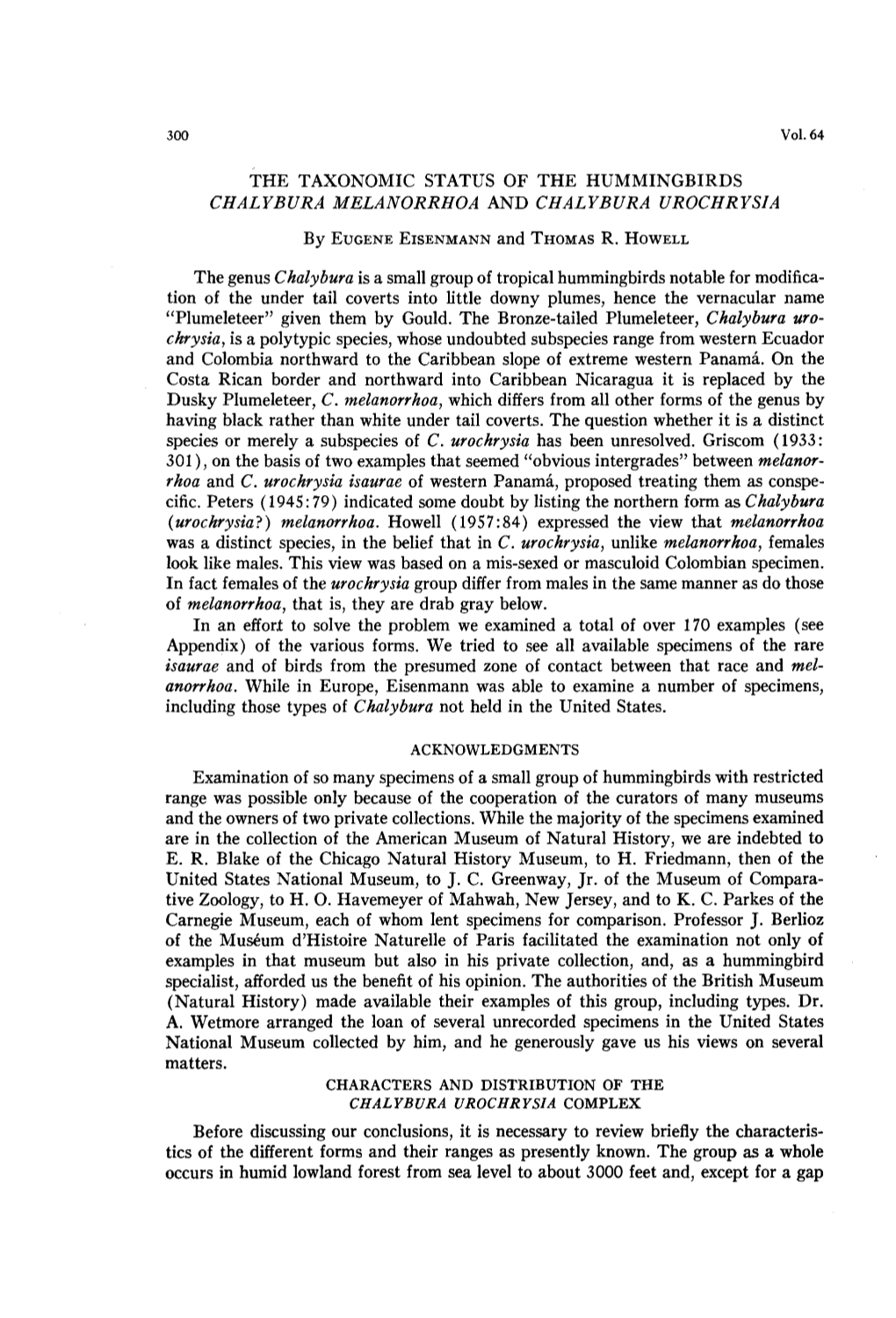 The Taxonomic Status of the Hummingbirds Chalybura Melanorrhoa and Chalybura Urochrysia