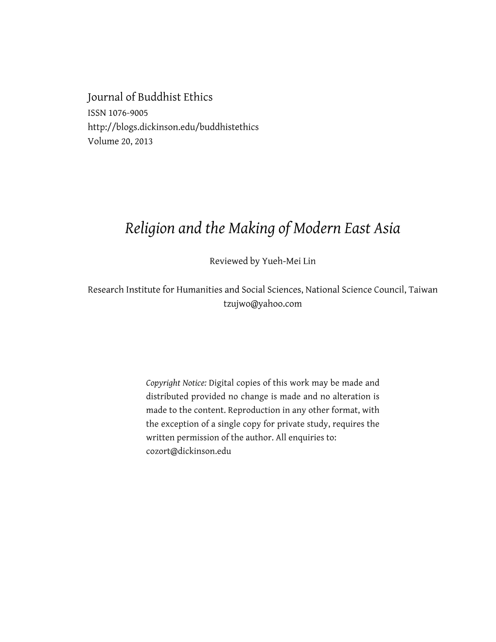 Religion and the Making of Modern East Asia