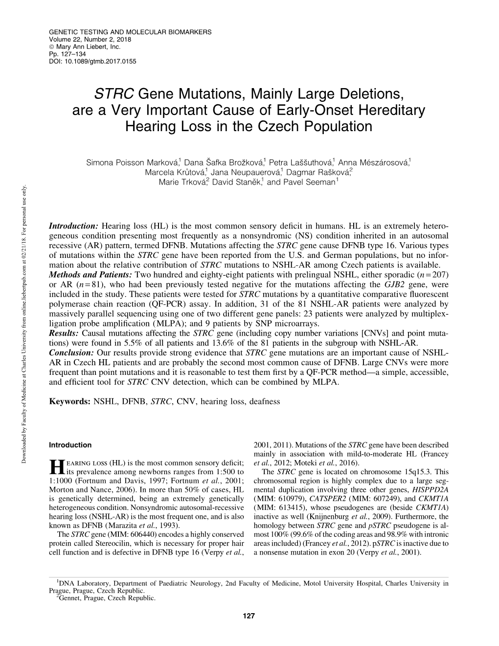 STRC Gene Mutations, Mainly Large Deletions, Are a Very Important Cause of Early-Onset Hereditary Hearing Loss in the Czech Population