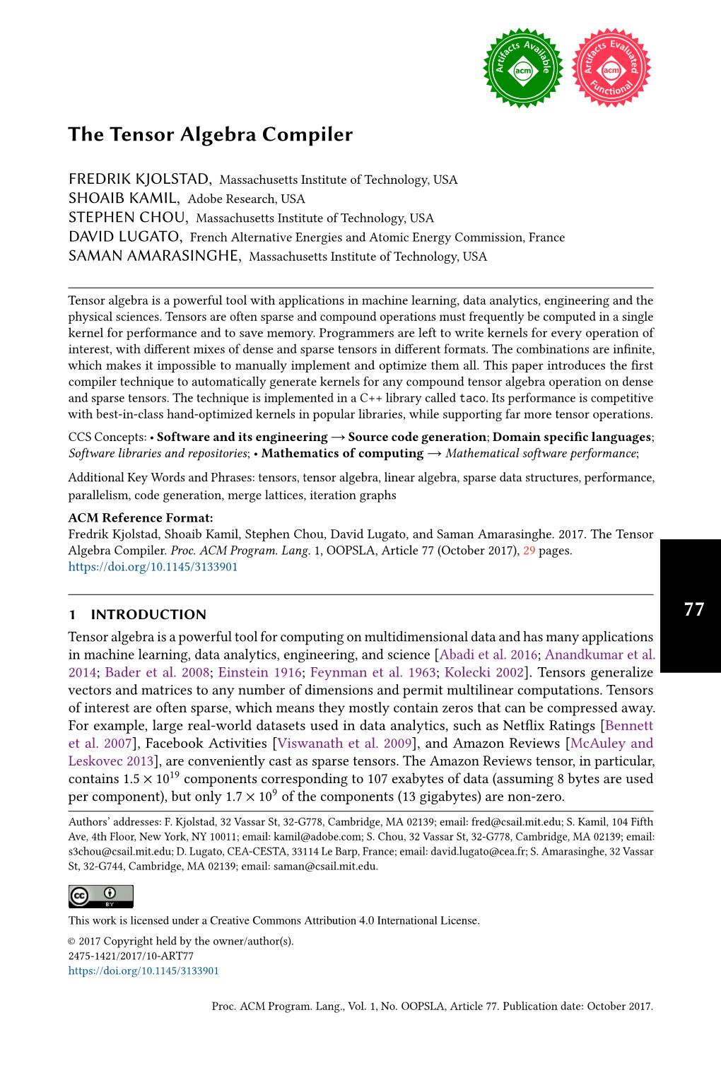 Paper Introduces the Frst Compiler Technique to Automatically Generate Kernels for Any Compound Tensor Algebra Operation on Dense and Sparse Tensors