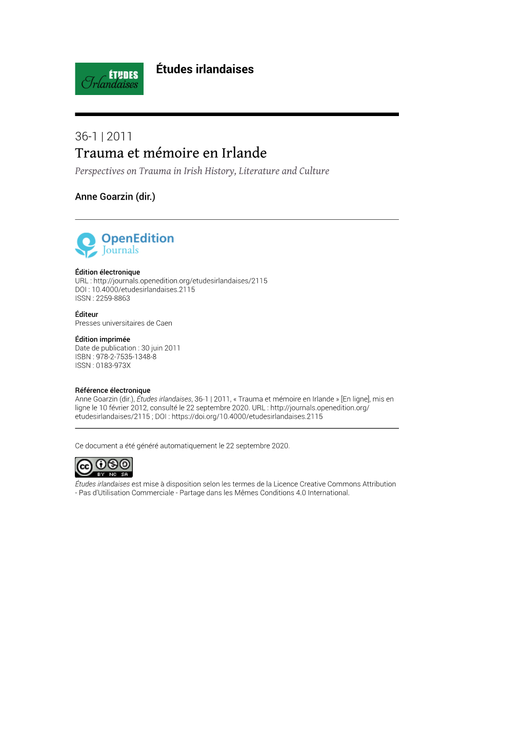 Études Irlandaises, 36-1 | 2011, « Trauma Et Mémoire En Irlande » [En Ligne], Mis En Ligne Le 10 Février 2012, Consulté Le 22 Septembre 2020