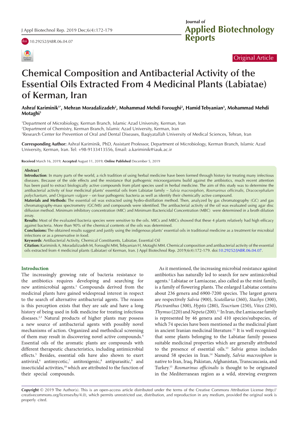 Chemical Composition and Antibacterial Activity of the Essential Oils Extracted from 4 Medicinal Plants (Labiatae) of Kerman, Iran