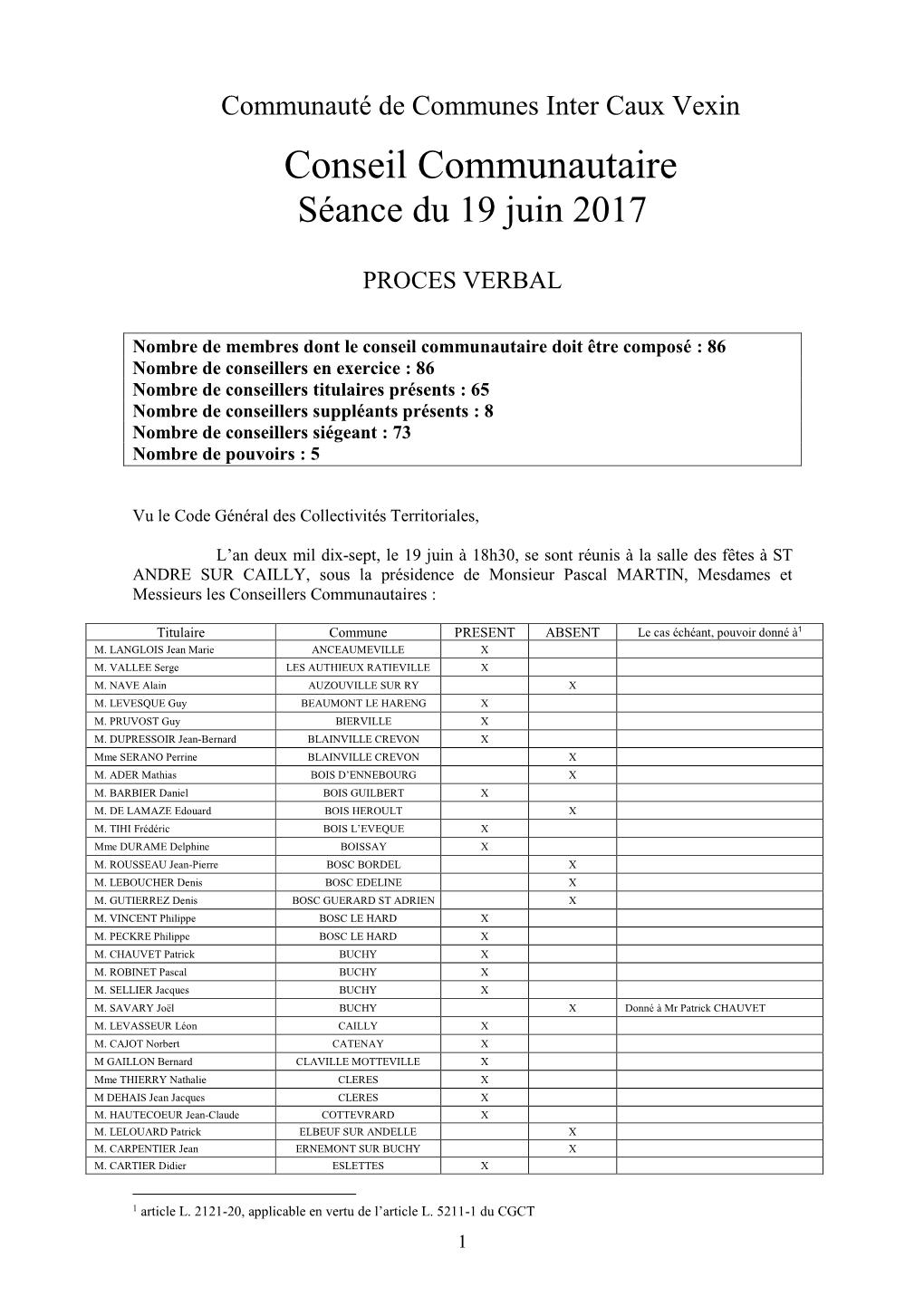 Conseil Communautaire Séance Du 19 Juin 2017