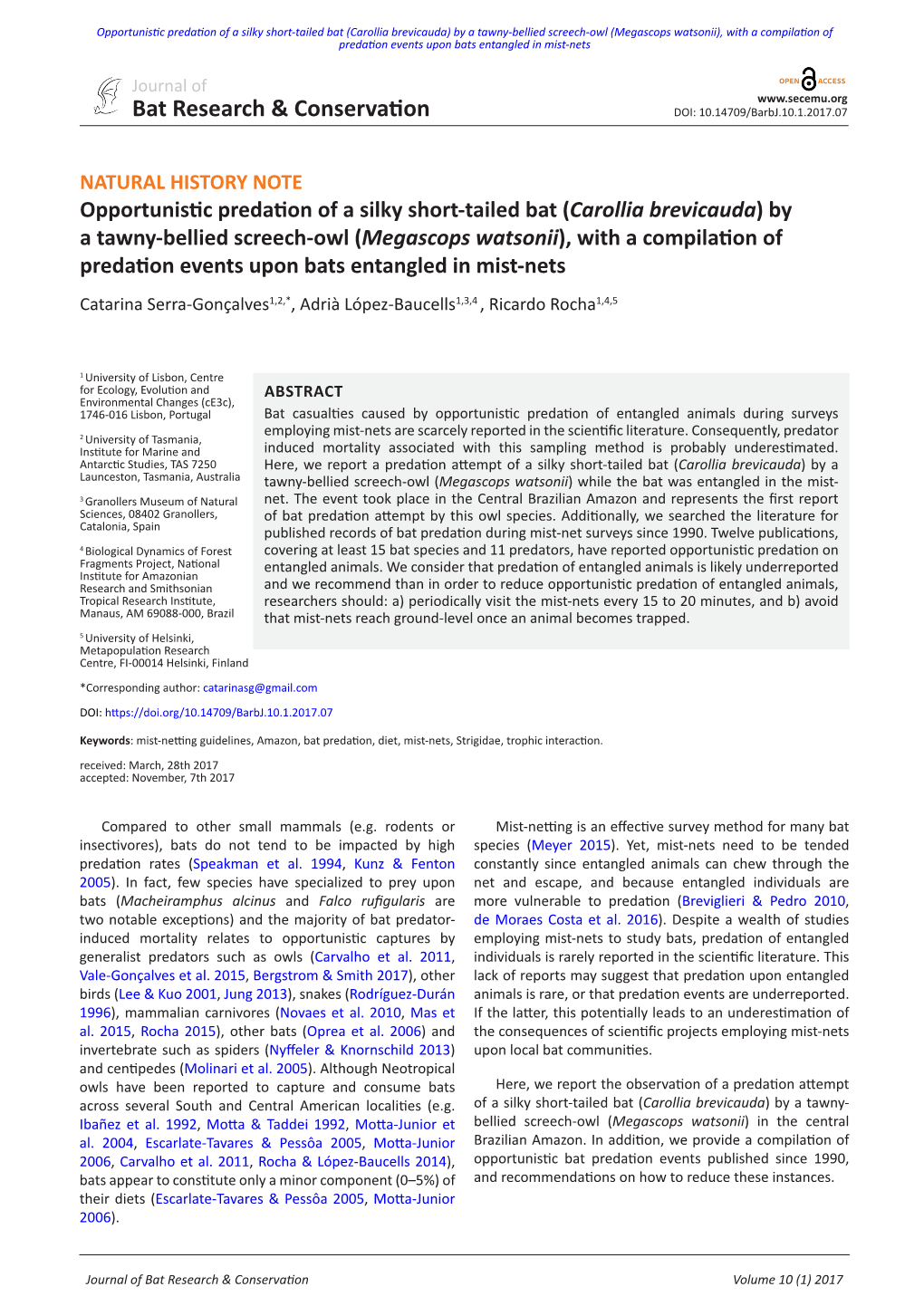 (Carollia Brevicauda) by a Tawny-Bellied Screech-Owl (Megascops Watsonii), with a Compilation of Predation Events Upon Bats Entangled in Mist-Nets