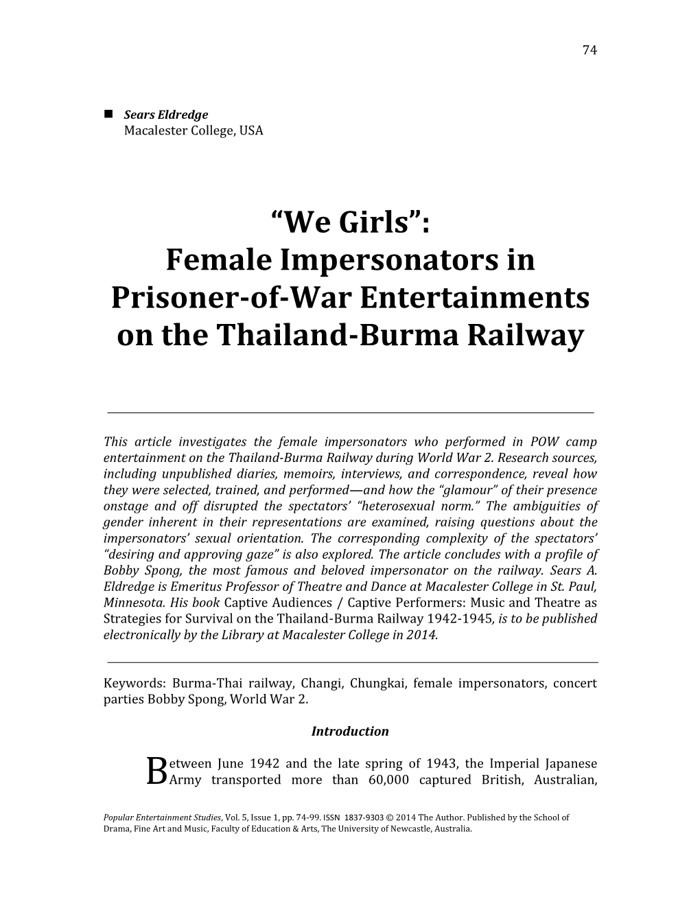 “We Girls”: Female Impersonators in Prisoner-Of-War Entertainments on the Thailand-Burma Railway