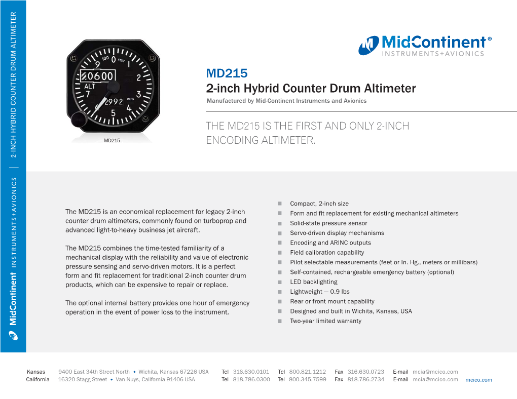 MD215 2-Inch Hybrid Counter Drum Altimeter Manufactured by Mid-Continent Instruments and Avionics