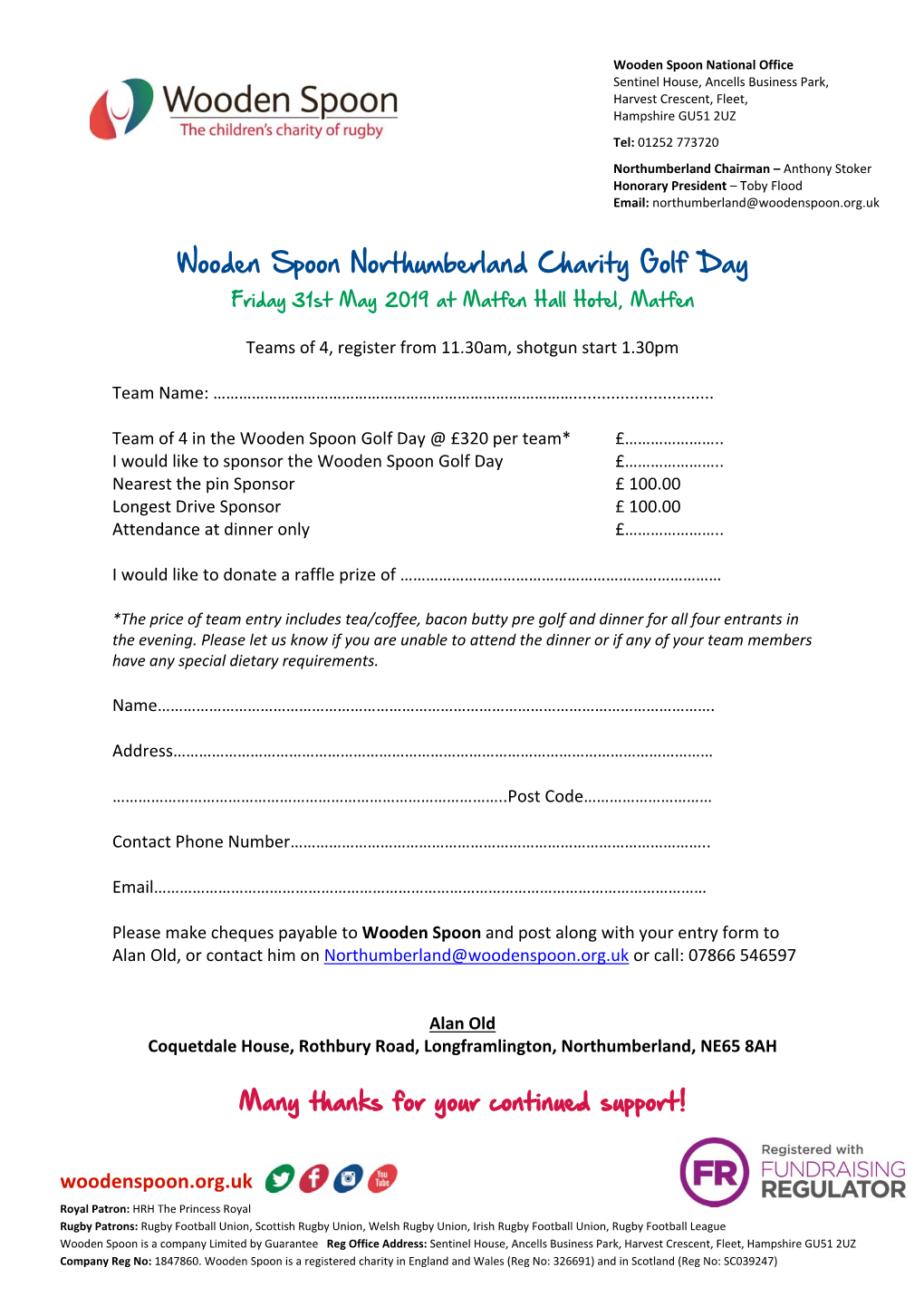 Wooden Spoon Northumberland Charity Golf Day Friday 31St May 2019 at Matfen Hall Hotel, Matfen