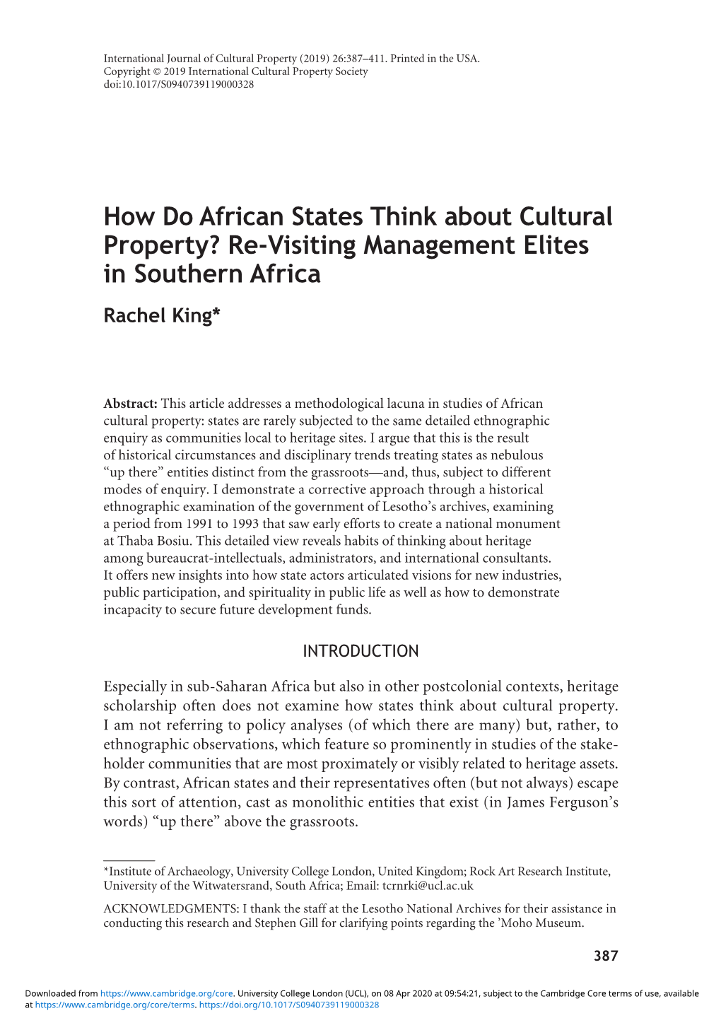 How Do African States Think About Cultural Property? Re-Visiting Management Elites in Southern Africa Rachel King*