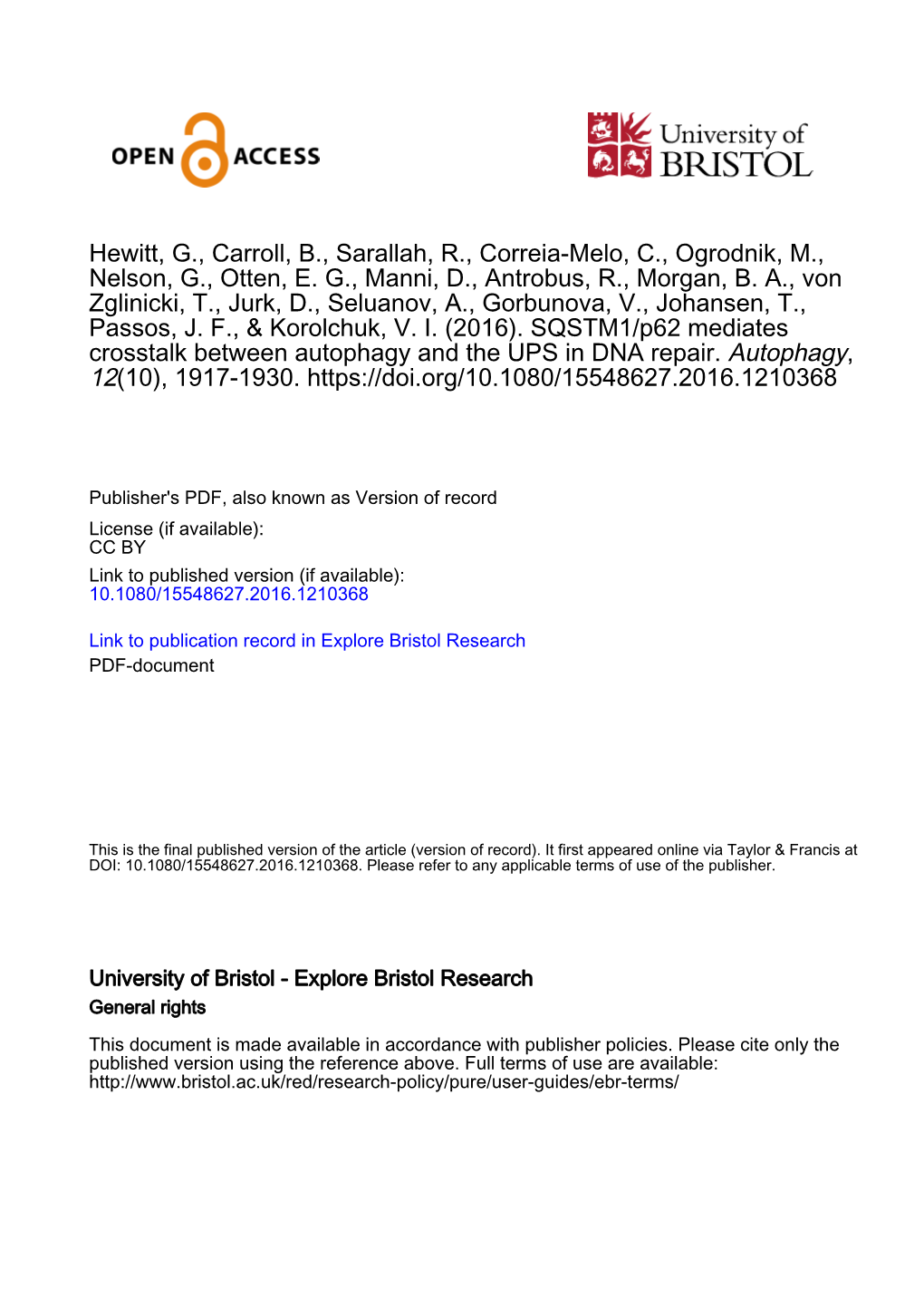 SQSTM1/P62 Mediates Crosstalk Between Autophagy and the UPS in DNA Repair